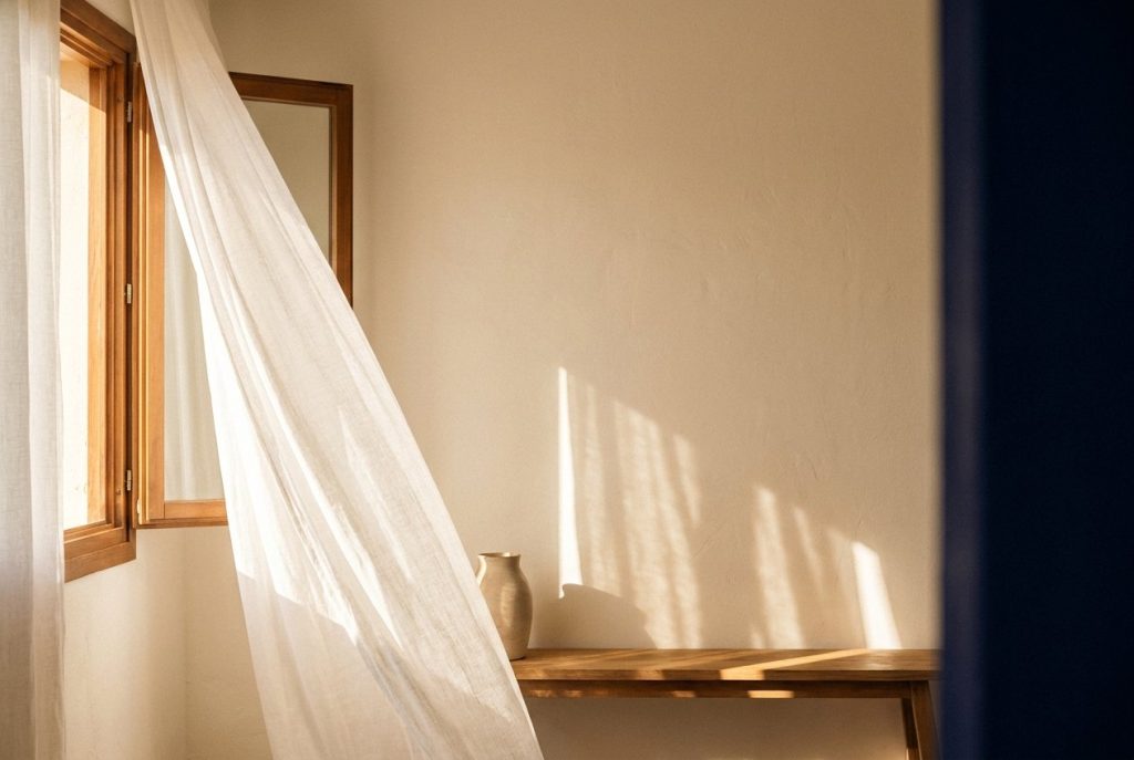 Cortina de linho ao vento em janela aberta, com luz quente da tarde na parede